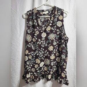 LOFT Floral Sleeveless Blouse - Black and Brown, Size XL